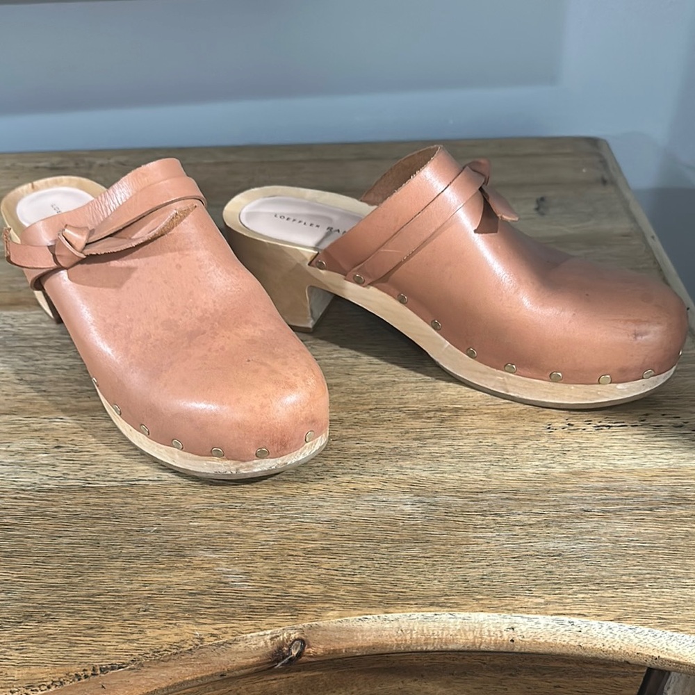 Loeffler Randall Tan Leather Clogs with Bow Accent